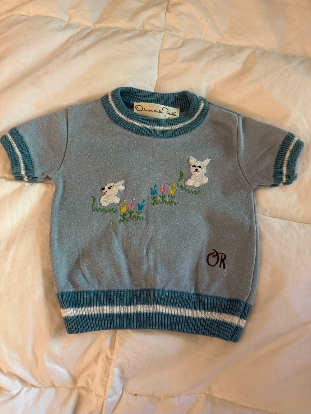 Vintage 80’s Oscar de la Renta Baby Light Blue Embroidered Bunny Sweater Top